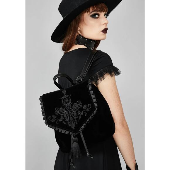 Gothic Victorian Witchy Black Velvet Embroidered Mini Backpack Bucket Purse Bag - Picture 7 of 10